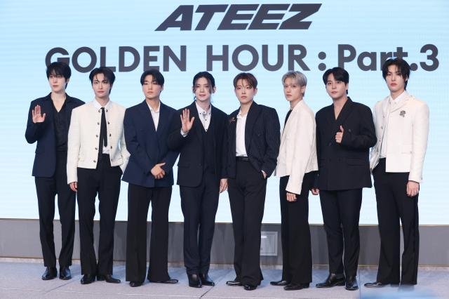 K-pop boy band ATEEZ pose during a press conference for their mini album Golden Hour Part 3 at a hotel in Seoul on June 12 2025 Yonhap