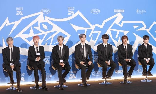 NCT DREAM listens to a question during the press conference for their fifth album Go Back To The Future held at Lotte Cinema World Tower in Seoul on July 14 YONHAP