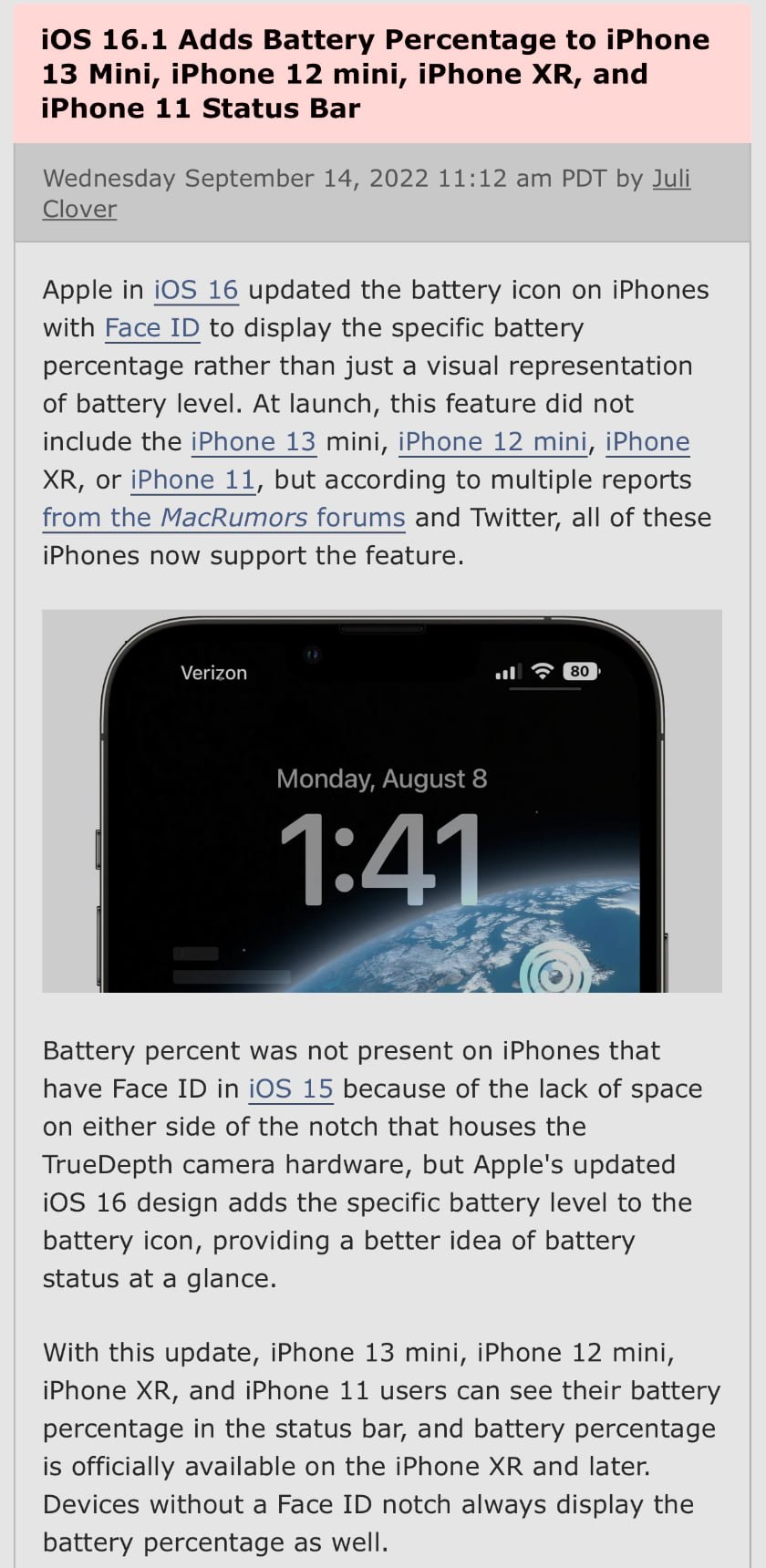 iOS 16.1 Adds Battery Percentage to iPhone 13 Mini, iPhone 12 Mini, iPhone  XR, and iPhone 11 Status Bar - MacRumors