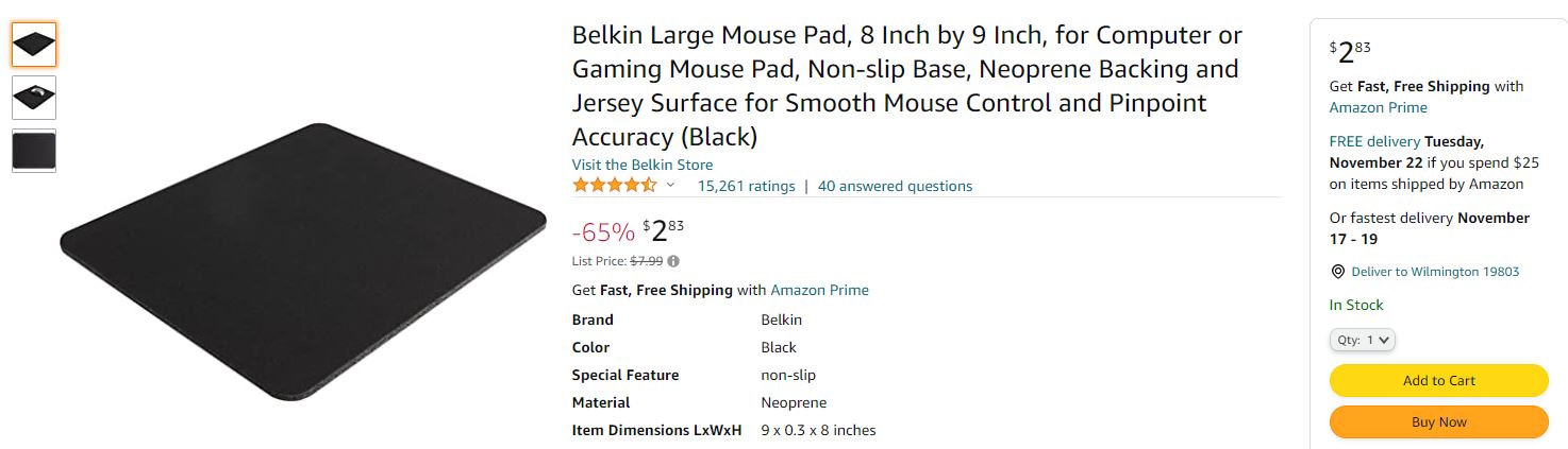  Belkin Large Mouse Pad, 8 Inch by 9 Inch, for Computer or  Gaming Mouse Pad, Non-slip Base, Neoprene Backing and Jersey Surface for  Smooth Mouse Control and Pinpoint Accuracy (Black) 