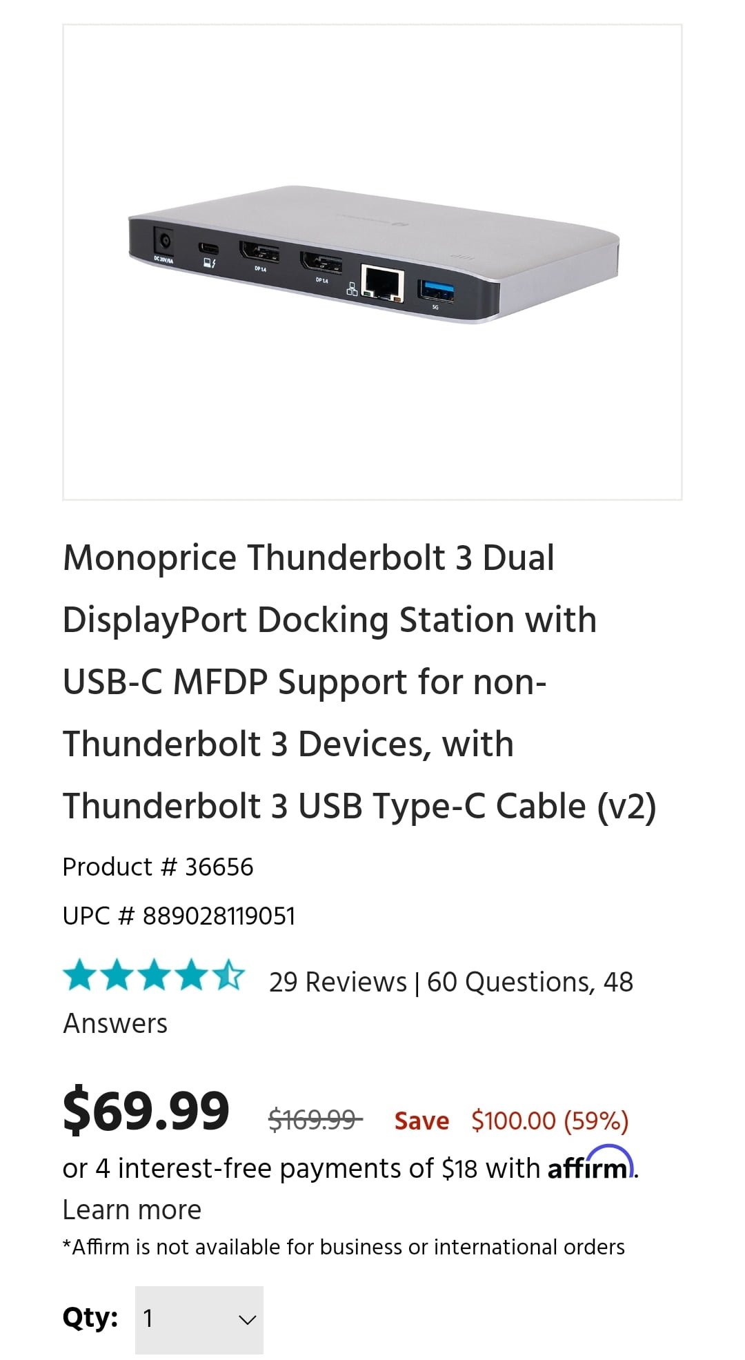 Monoprice Thunderbolt 3 Dual DisplayPort Docking Station with USB-C MFDP  Support for non-Thunderbolt 3 Devices with Thunderbolt 3 USB USB-C Cable  (v2) 