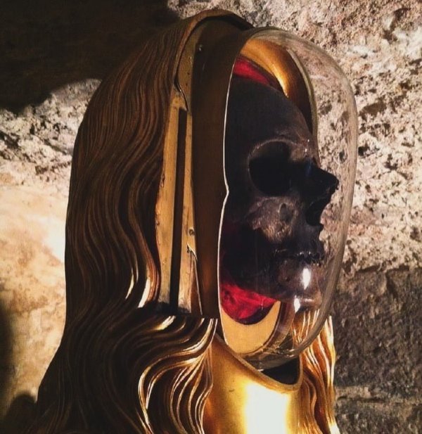 The purported skull of Mary Magdalene displayed in a golden reliquary at the basilica of Saint-Maximin-la-Sainte-Baume, in Southern France   The skull was analyzed in 1974 and has remained sealed inside (2).jpg