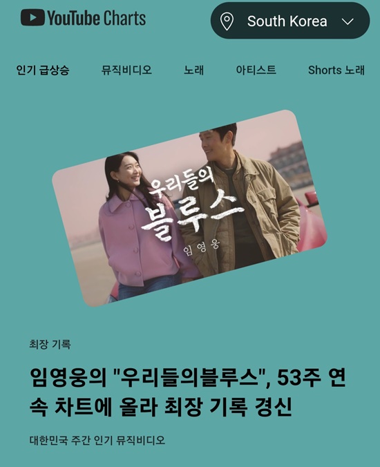 자체 최장 차트인 신기록. 임영웅이 부른 드라마 OST '우리들의 블루스' (이하 '우블')가 유튜브 주간 뮤직 비디오에서 20일 기준 53주 연속 차트인했다. /영웅시대