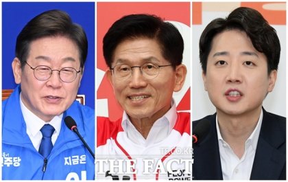6·3 대선 레이스가 한창이다. 사진은 이재명 더불어민주당 후보(왼쪽부터), 김문수 국민의힘 후보, 이준석 개혁신당 후보. /임영무·배정한·박헌우 기자
